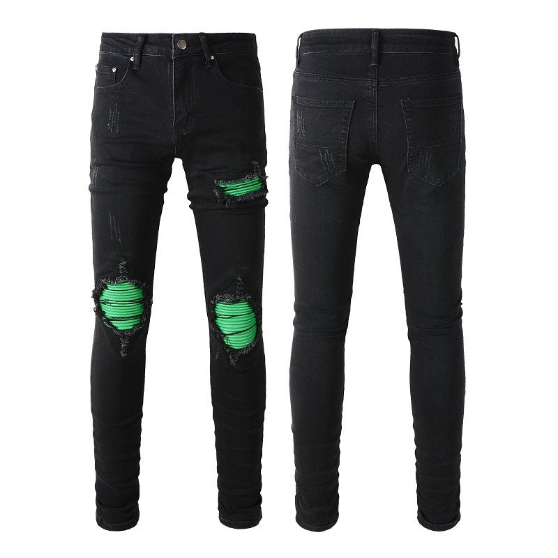 American Street Washing Process Green Patch Jeans