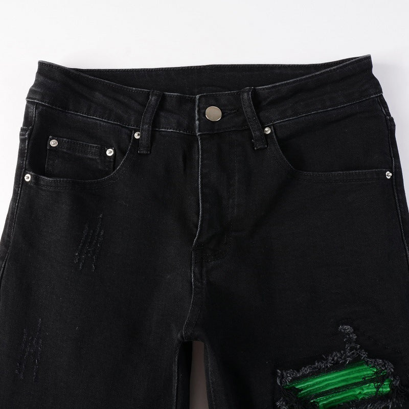 American Street Washing Process Green Patch Jeans